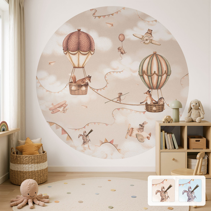 Fotomural redondo habitación infantil Aventura Animal en Globo Aerostático - Oliver Robins