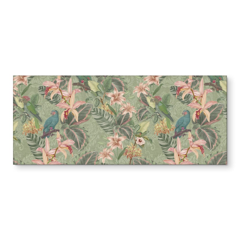 Revêtement pour cuisine jungle avec perroquets verts - Bloomery Decor