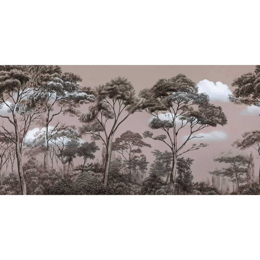 Papier peint paysage forestier en sépia - Motifs d'arbres dans la brume - intissé