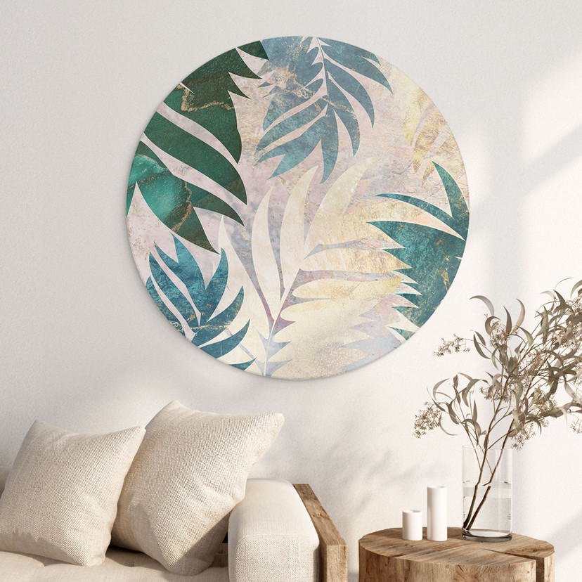 Wanddecoratie Exotische palmbladeren in goudgroen - Manovski - Alu-Dibond Rond