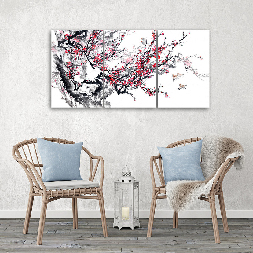 3 stykke lærredsprint, Cherry Blossom Japan Tree