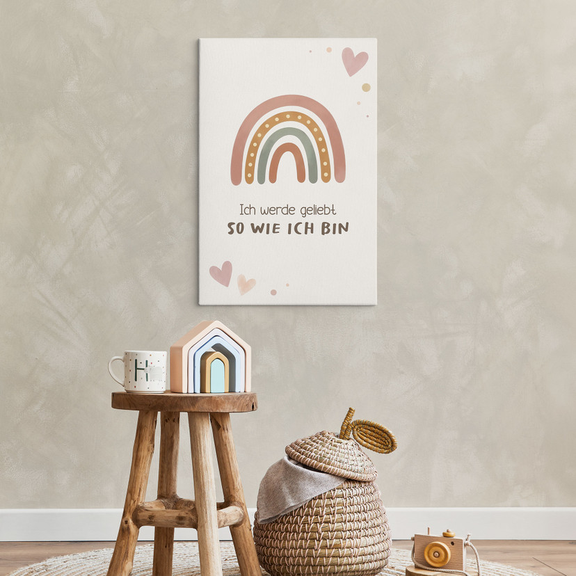 Leinwandbild mit Boho-Regenbogen - Affirmation 'Ich werde geliebt' für Kinder