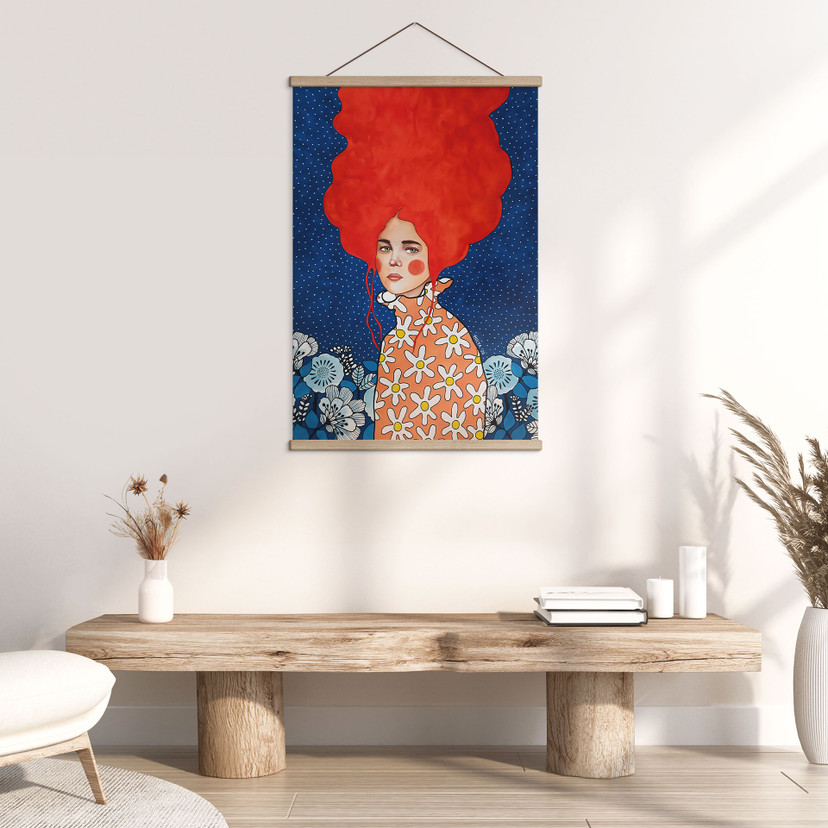 Textielposter vrouw met rood haar en bloemen - Hülya
