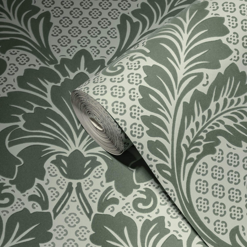 A.S. Creation barok tapet i grøn og blå med ornamenter ægte flock på non-woven tapet