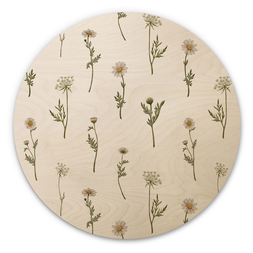 Tableau en bois Romance des prés avec fleurs des champs - Kikki Belle - Rond