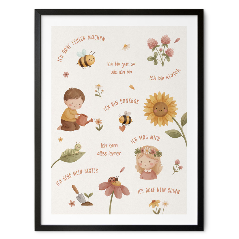 Kinder-Poster - Affirmationen Blumen mit Biene und Marienkäfer