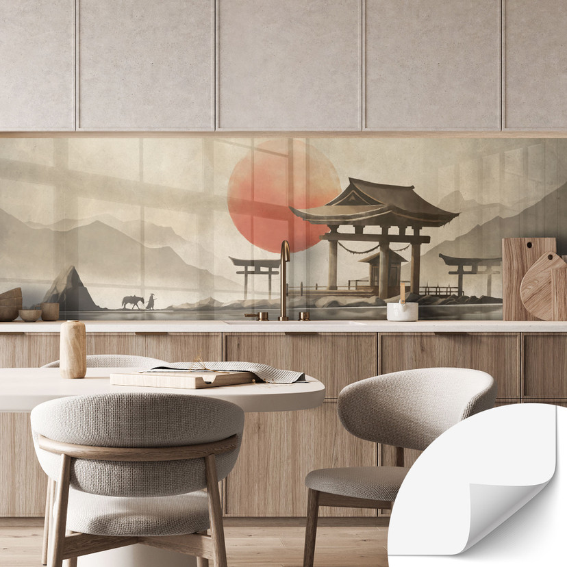Revêtement pour cuisine autocollant Temple japonais au lever du soleil - Roze