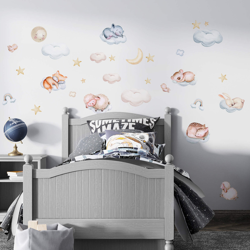 Wallsticker-sæt til børneværelset - Dyr i skyerne (31 dele)