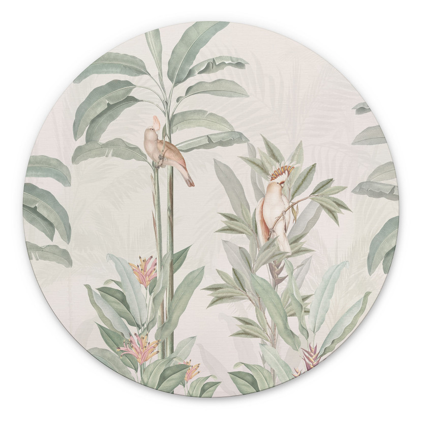 Tropisk skov med kakaduer - Bloomery Decor - rund – print på aluminium (Alu-Dibond)