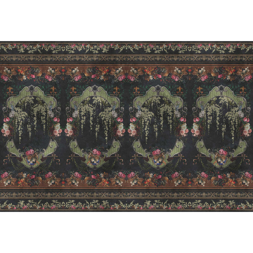 Papier peint fleuri baroque - accents rouges sur noir profond - intissé