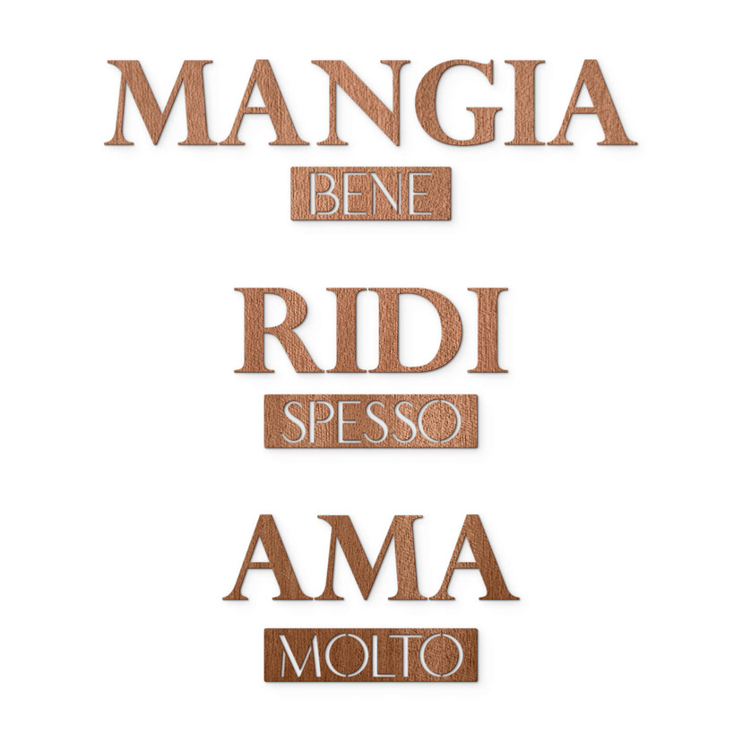 Houten Wanddecoratie Mahoniefineer Mangia bene, Ridi spesso, Ama