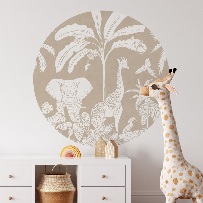 Wallsticker Djungeldrömmar - Afrikas djurvärld i brunt - Kikki Belle - Rund