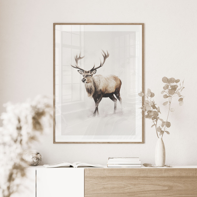 Poster wintermotief voor de woonkamer - Hert in witte winter - Magnusson
