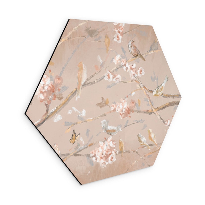 Hexagon Wanddecoratie Vogels op Kersenbloesem - Cheney - Alu-Dibond