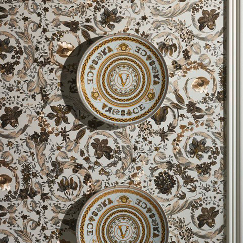 Versace Home luksusowa tapeta kwiatowa perłowa beżowa brązowa designerska klasyczna tapeta z włóknin
