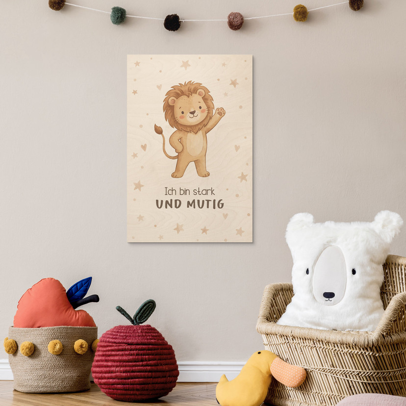 Holzbild mit Löwe - Glaubenssatz 'Ich bin stark und mutig' fürs Kinderzimmer
