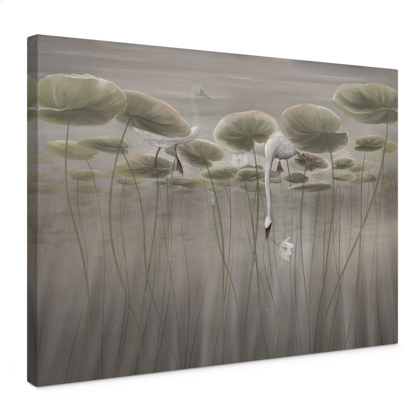 Canvas schilderij lotusbloemen met zwaan in water in grijs - Ms Tiff