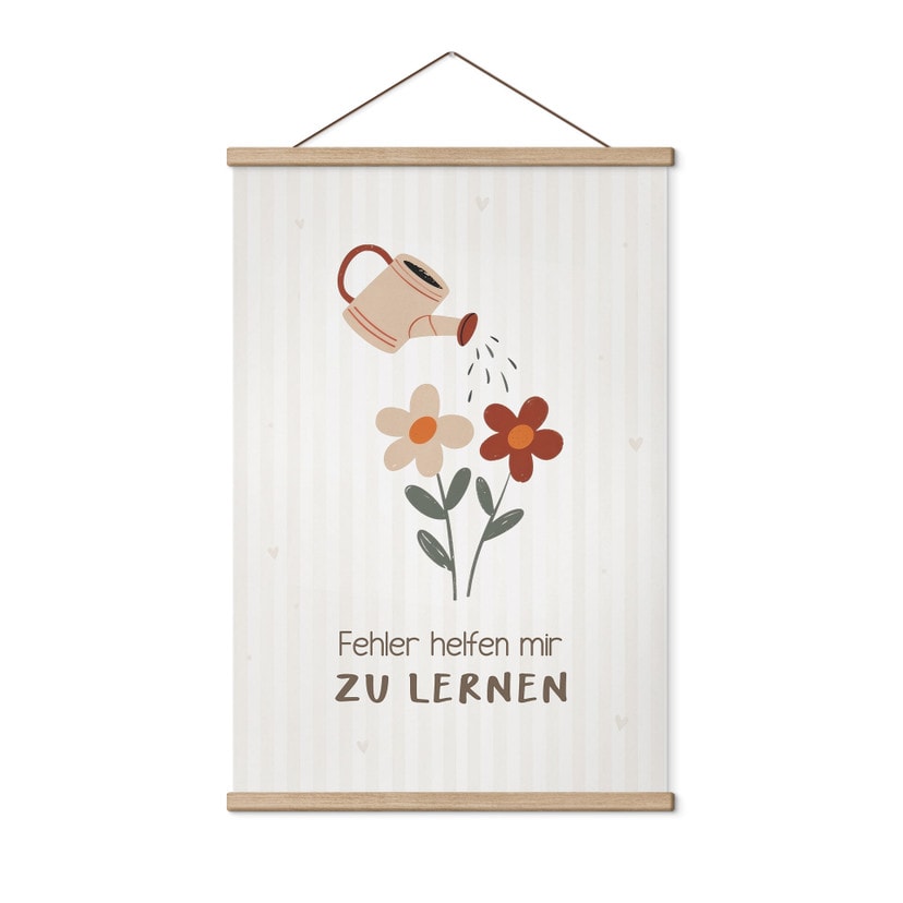 Stoffbild mit Gießkanne und Blumen - Selbstliebe-Spruch 'Fehler helfen mir zu lernen' für Kinder