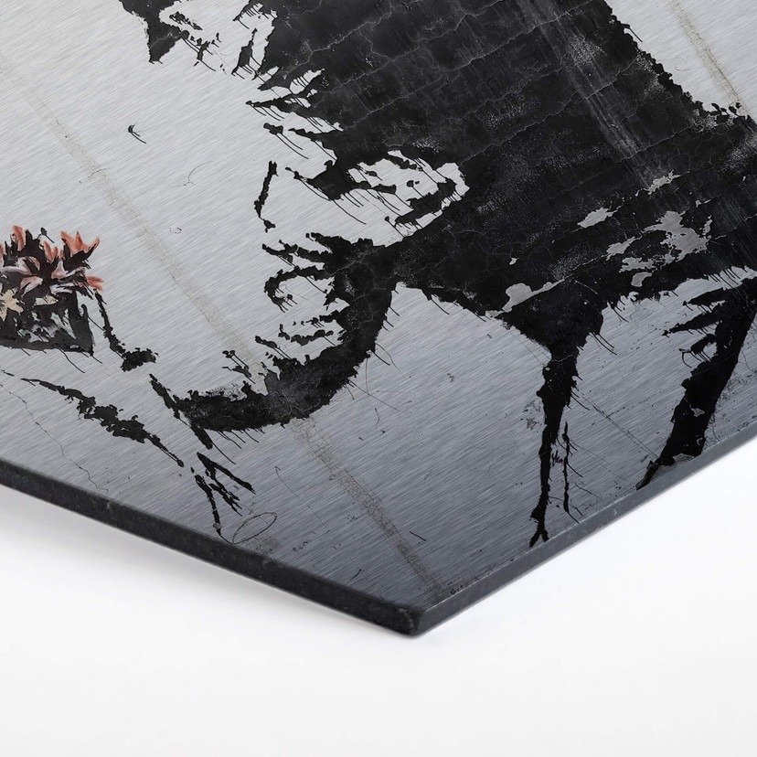 Hexagon - Alu-Dibond - Banksy - Flower Thrower - Sølveffekt