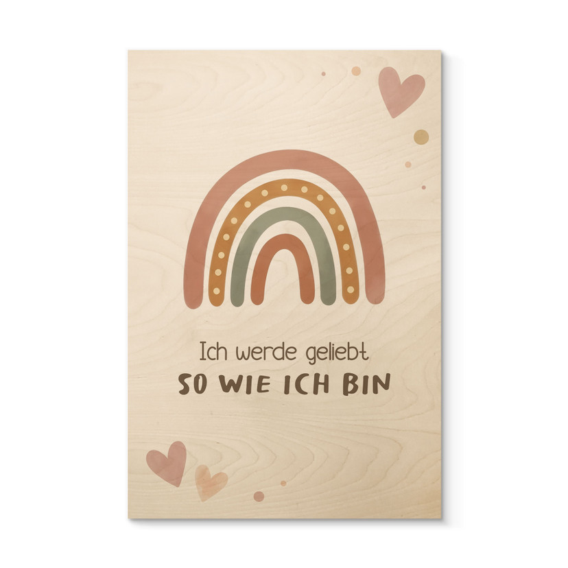 Holzbild mit Boho-Regenbogen - Glaubenssatz 'Ich werde geliebt' fürs Kinderzimmer