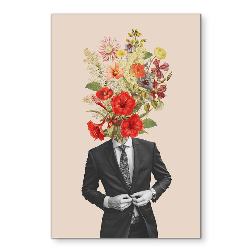 Wandbild Mann im Anzug mit Wildblumen - Frida Floral Studio - Alu-Dibond