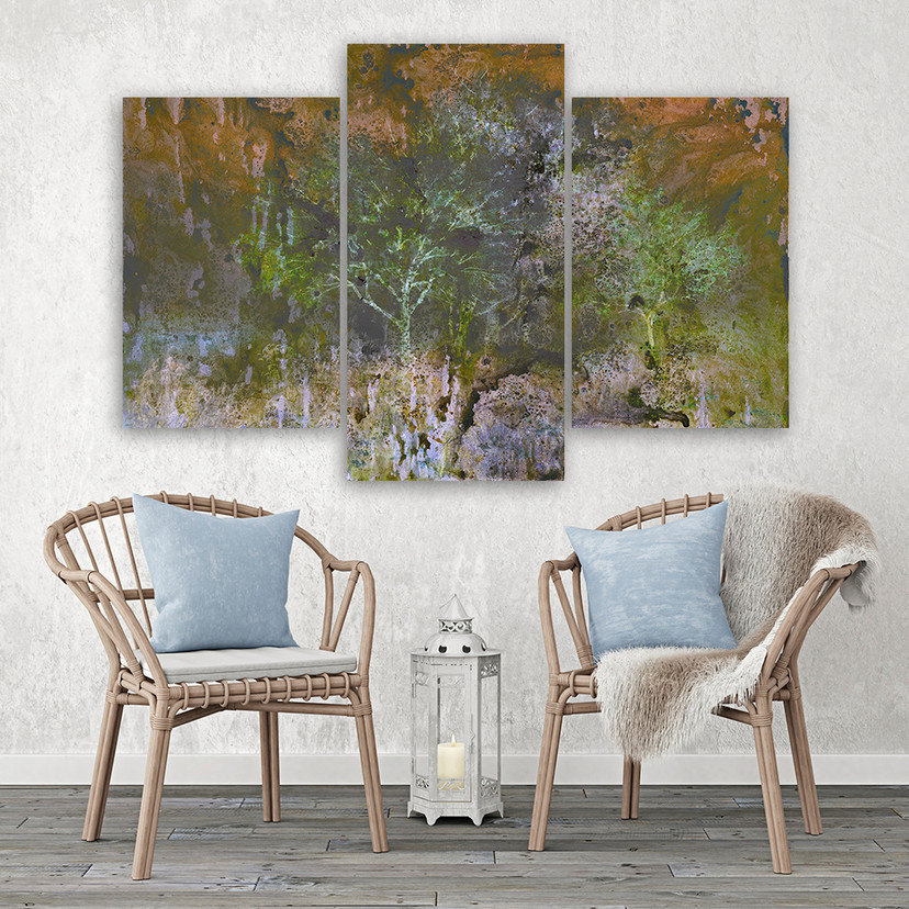 3 stykke lærredstryk, et blomstrende træ i rustengen