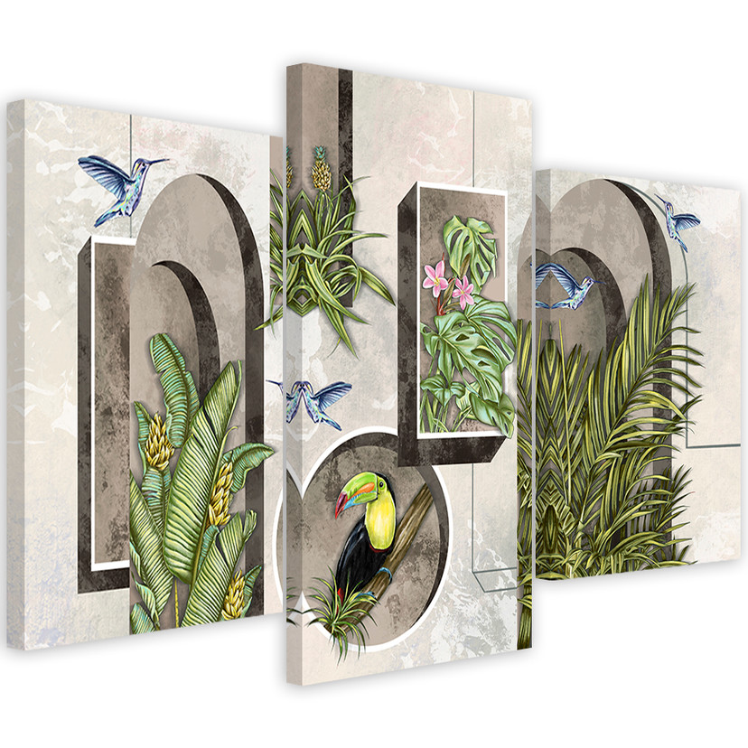 Lærred print 3 stykker, former i væggen med planter og fugle Toucan Koliber