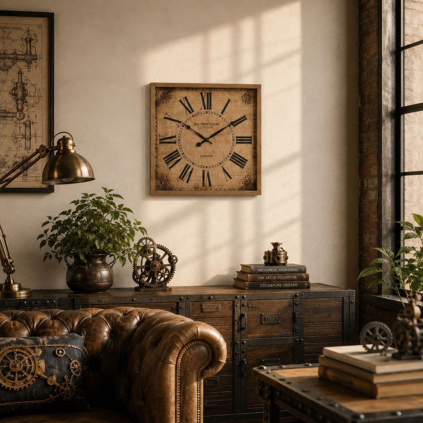 Horloge murale vintage en MDF effet bois, horloge à quartz carrée avec chiffres romains au design antique 50x50x3,5