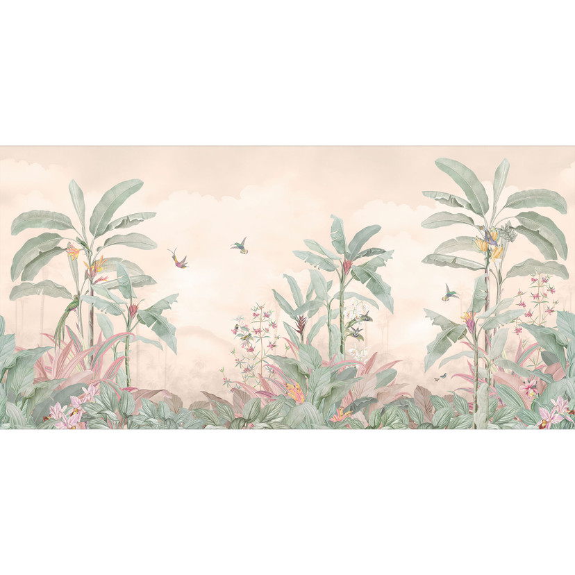 Papier peint jungle Idylle tropicale avec colibri Apricot - Bloomery Decor