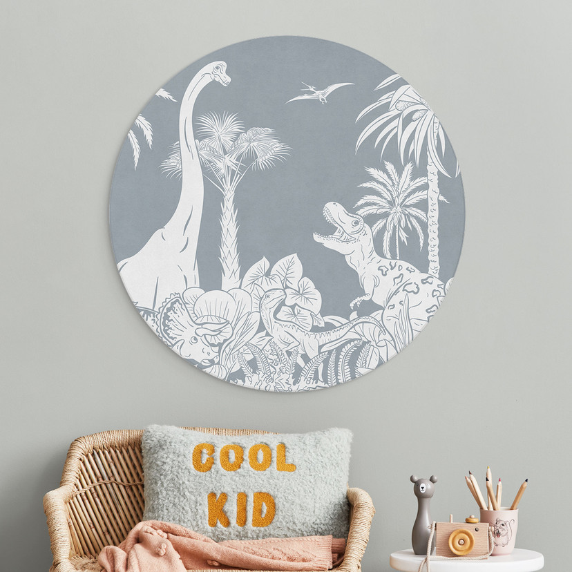 Rundt billede I dinosaurernes land - Blå - Kikki Belle – print på aluminium (Alu-Dibond)