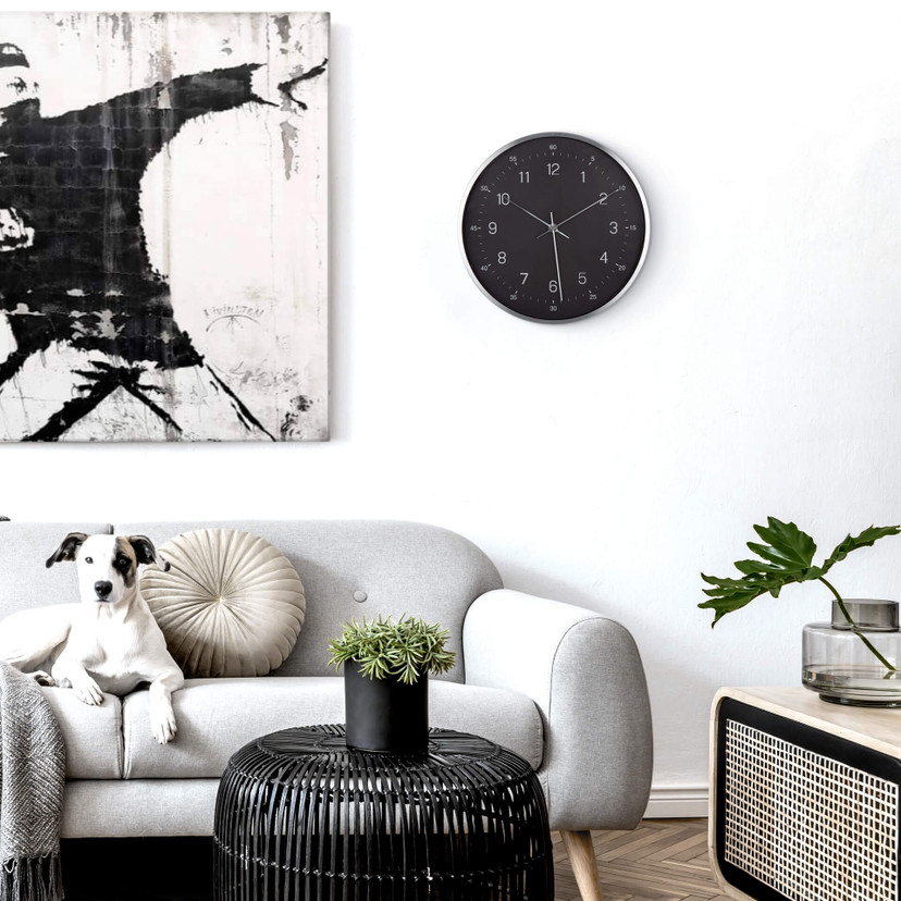 Moderne Wanduhr in Schwarz-Silber-Optik Ø30 cm
