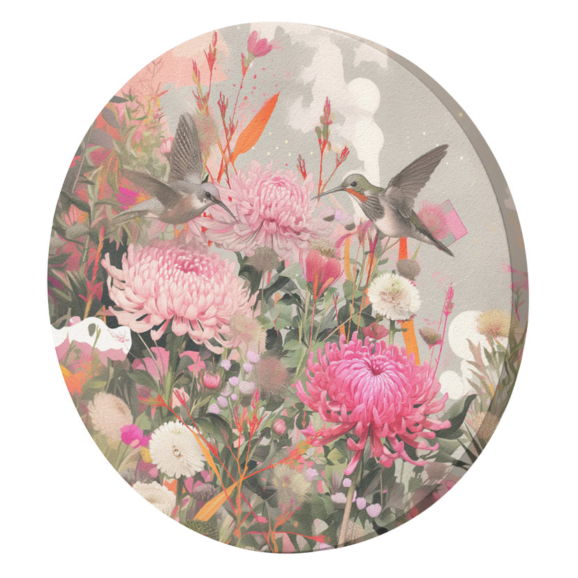 Rundes Leinwandbild Kolibris und Blumen auf dem Feld