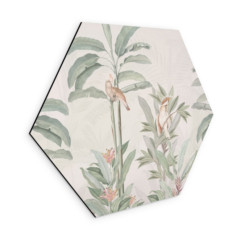 Sekskantet billede Tropisk skov med kakaduer - Bloomery Decor - Aluminium dibond