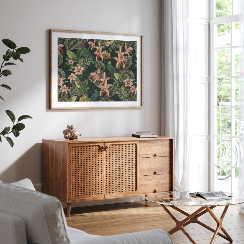 Natur Poster Dschungel mit Papageien Nachtgrün - Bloomery Decor