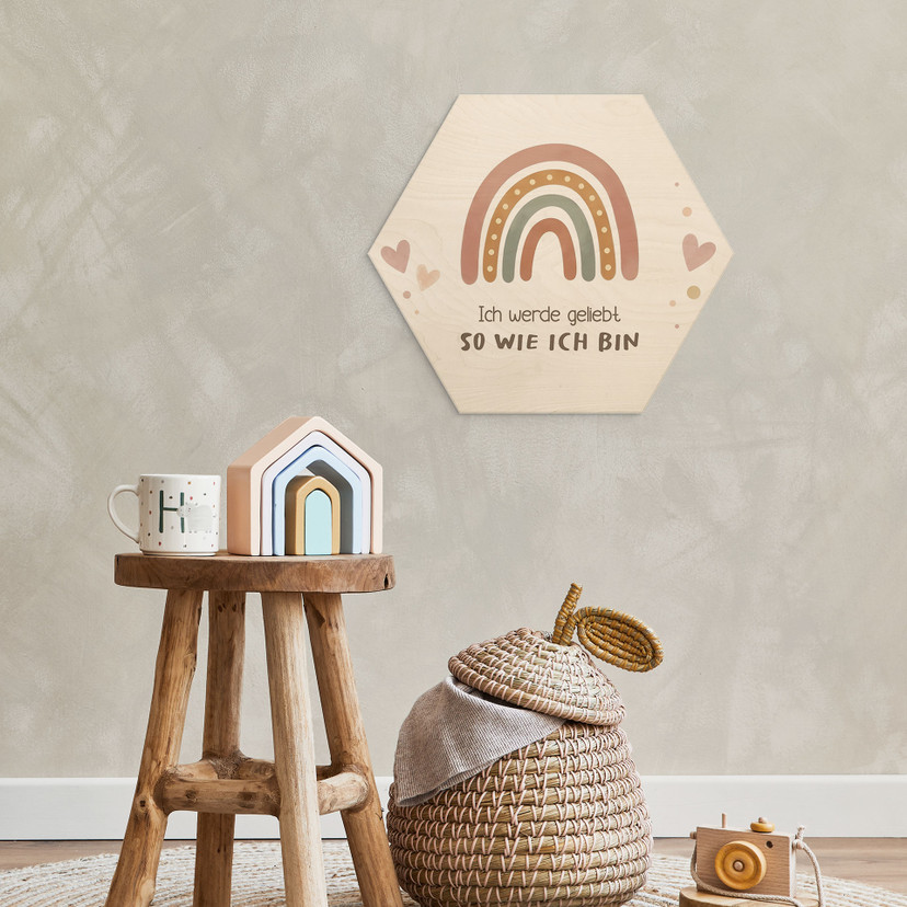 Holzbild Hexagon mit Boho-Regenbogen - Bestärkung 'Ich werde geliebt'