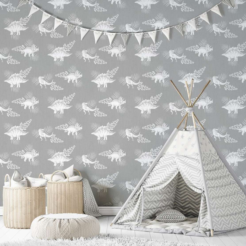 Børnetapet, non-woven tapet med illustration Kids Walls grå, hvid