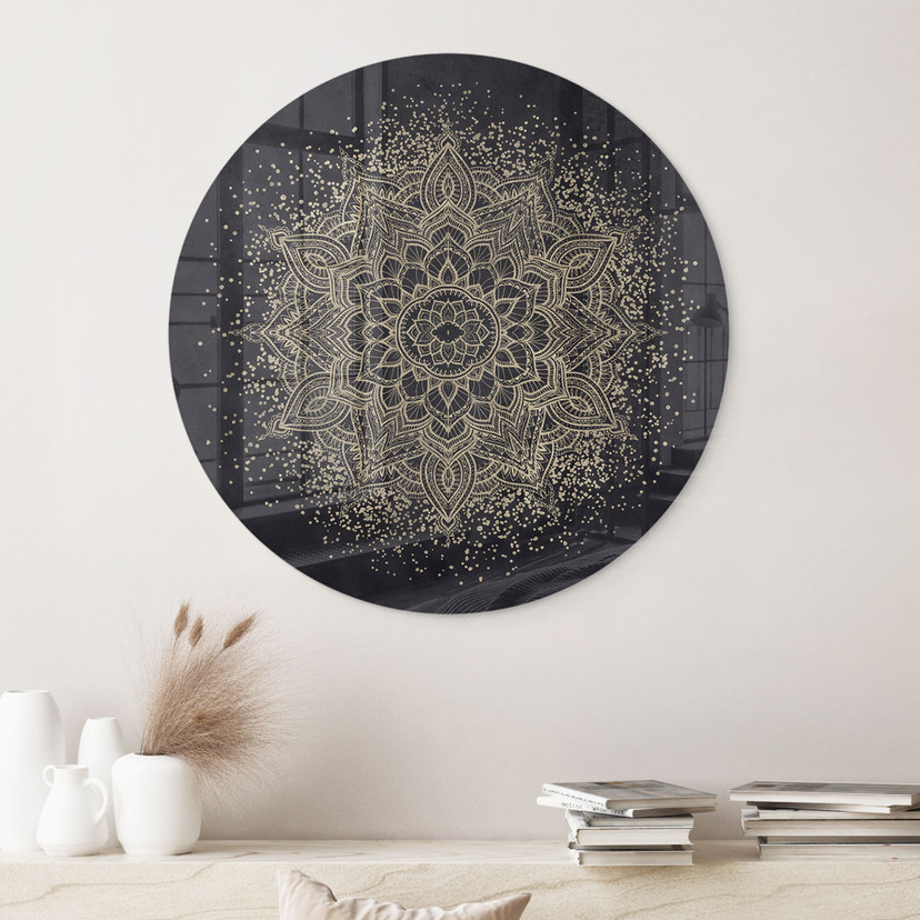 Tableau en verre Mandala élégant en noir et or - Bloomery Decor - Rond