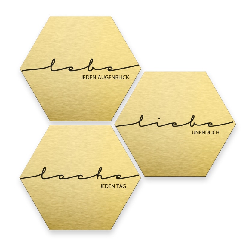 Hexagon - Alu-Dibond-Goldeffekt - Lebe, Lache, Liebe (3er Set)