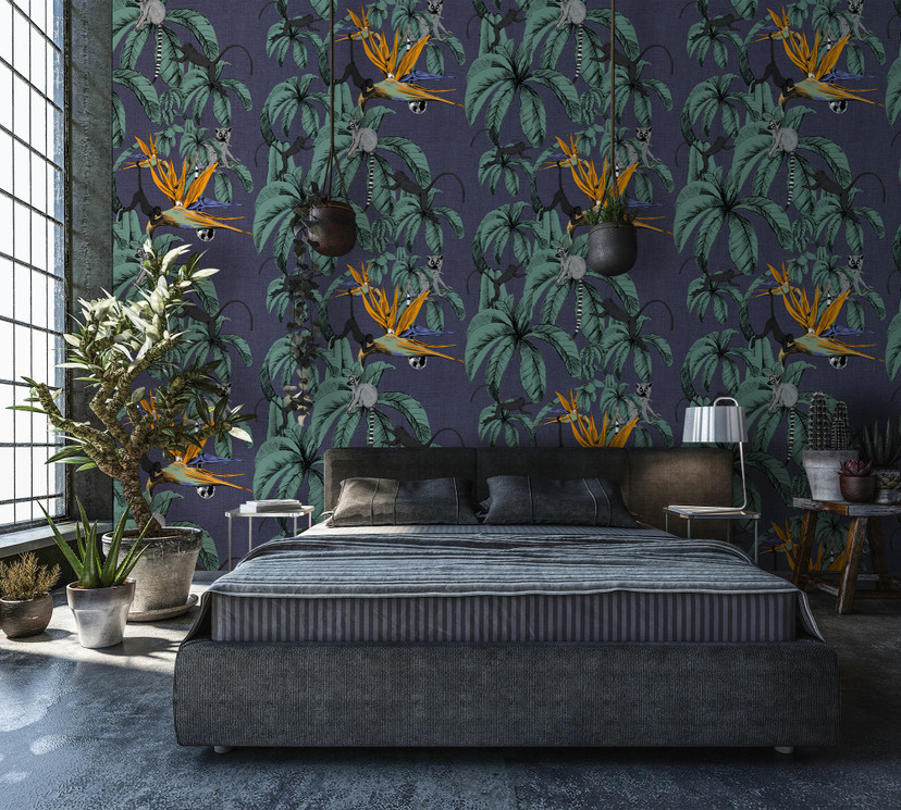 Fototapet med aber og planter, blå illustration 2,70 x 2,12 m