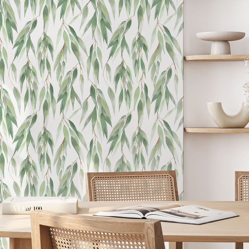 Tapet med mønster grene med grønne blade - UN Designs