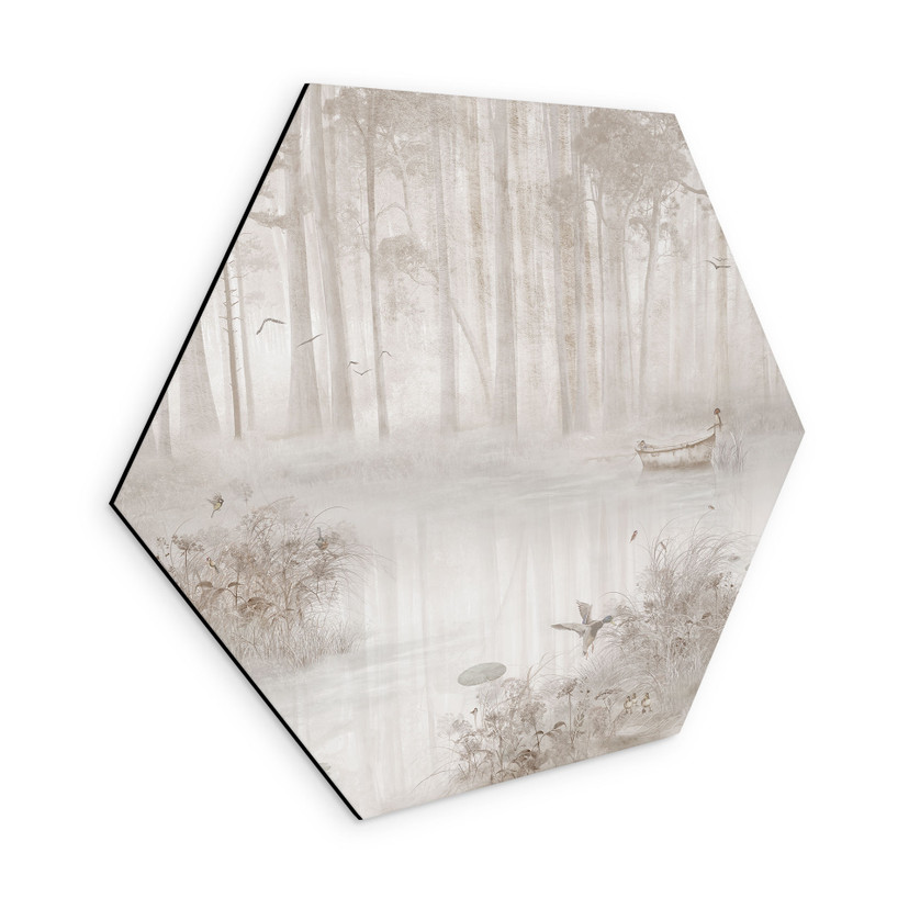 Wanddecoratie bos bij het meer in beige mist - Ms Tiff - Alu-Dibond