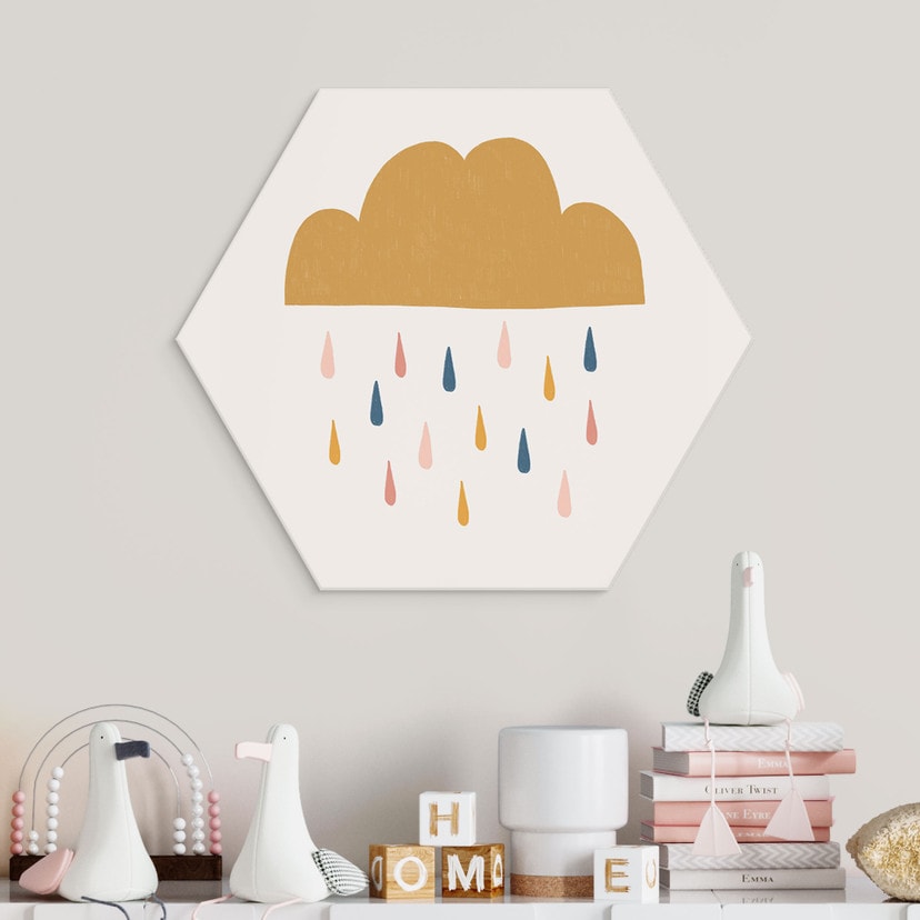 Hexagon Wandbild Fröhlicher Regen in Pastelltönen - Menina Lisboa - Alu-Dibond