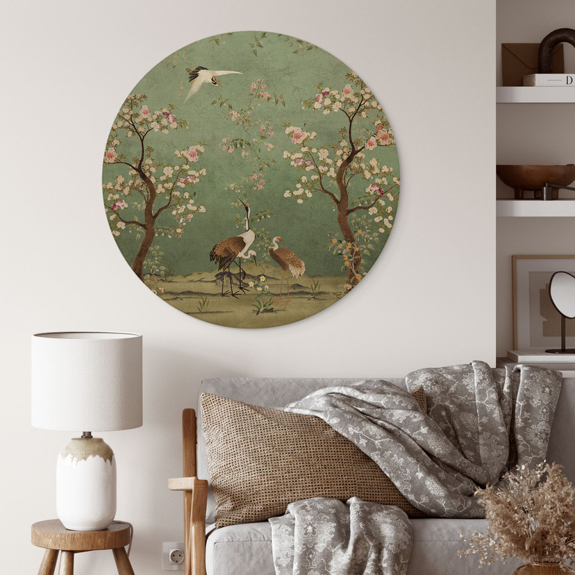 Houten Wanddecoratie van kraanvogels in een bloemenlandschap - Bloemdecor - Rond