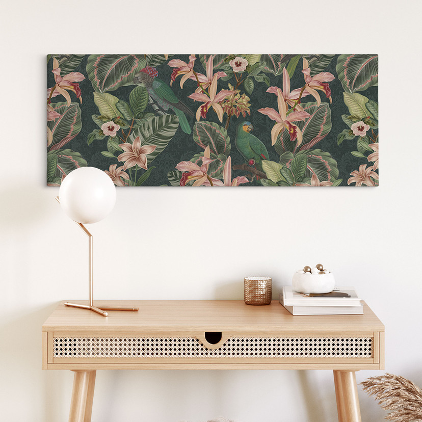 Leinwandbild Dschungel mit Papageien Nachtgrün - Bloomery Decor - Panorama