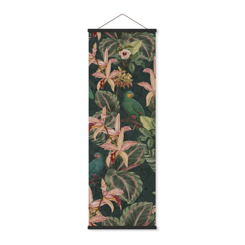 Stoffbild Dschungel mit Papageien Nachtgrün - Bloomery Decor - Panorama