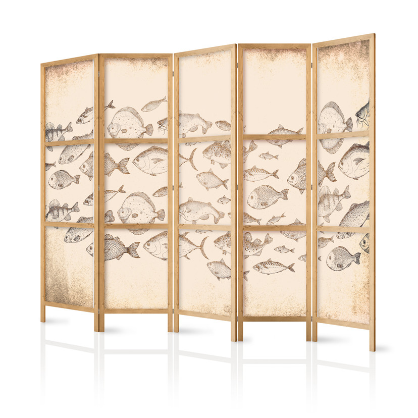 Japanischer Paravent, Raumteiler freistehend, Trennwand - Sketch of School of Fish