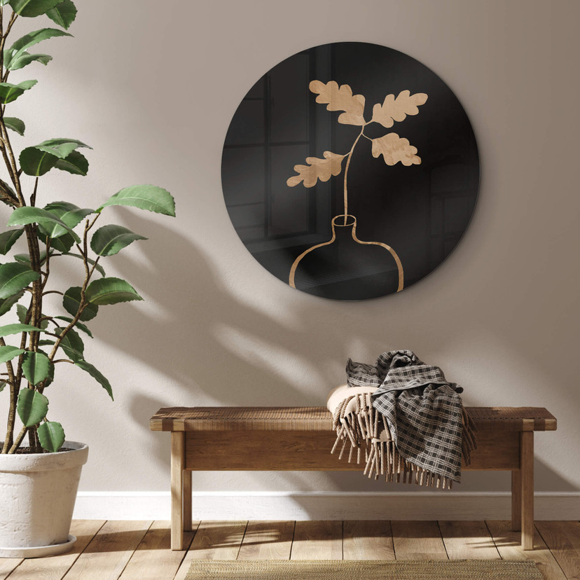 Tableau sur verre rond 1X Studio - Feuilles de chêne doré dans un vase