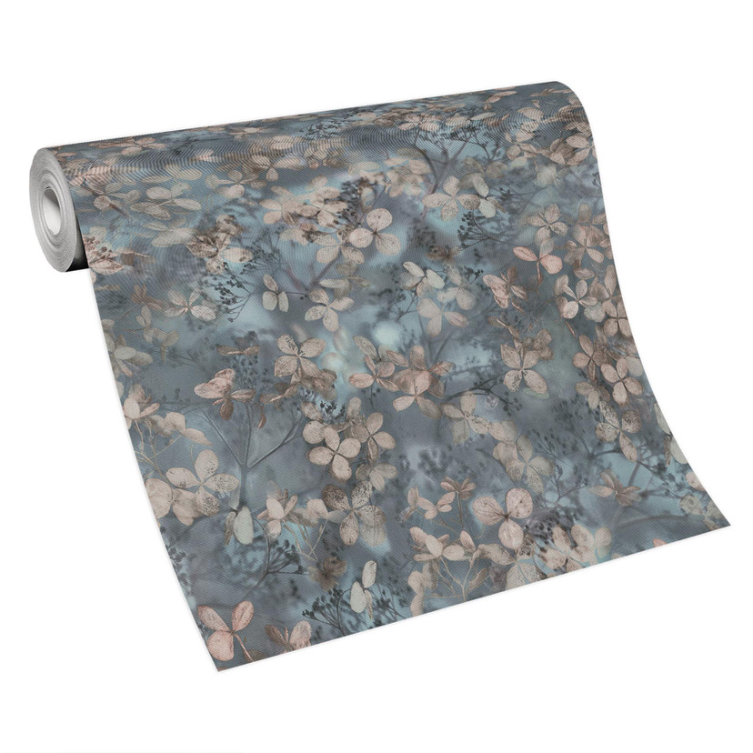 Papier peint intissé floral avec des feuilles en bleu