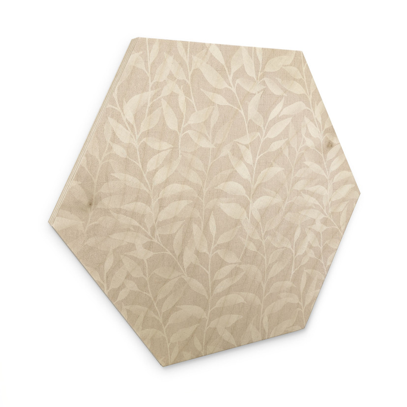 Sekskantet Billede af træ Delikate akvarelblade - blød beige - Bloomery Decor