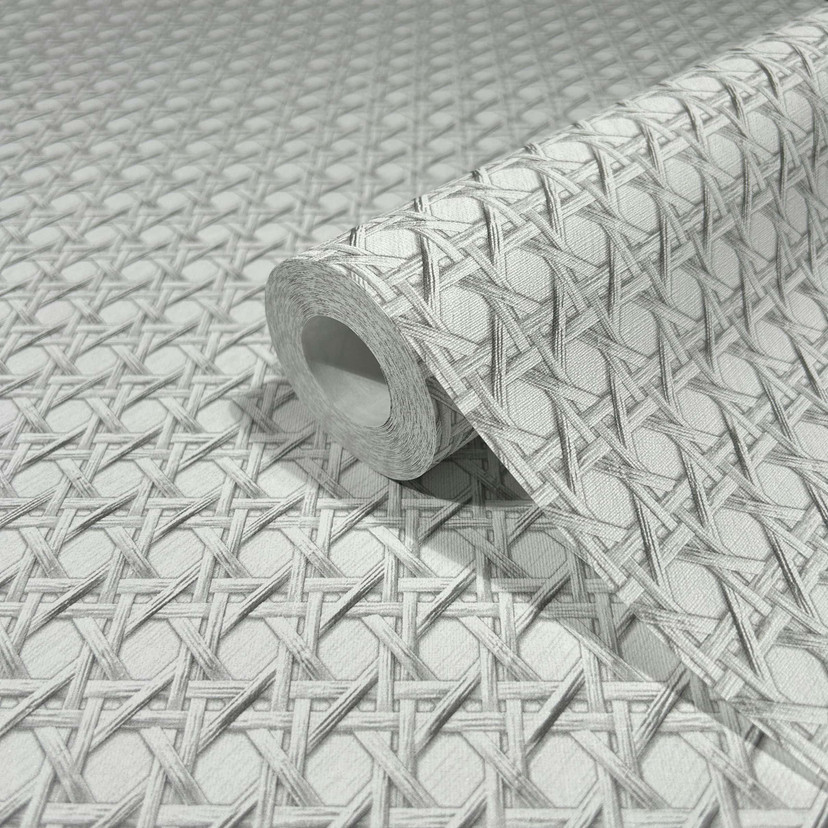 Non-woven tapet i trælook og vævet look hvid, grå trælook
